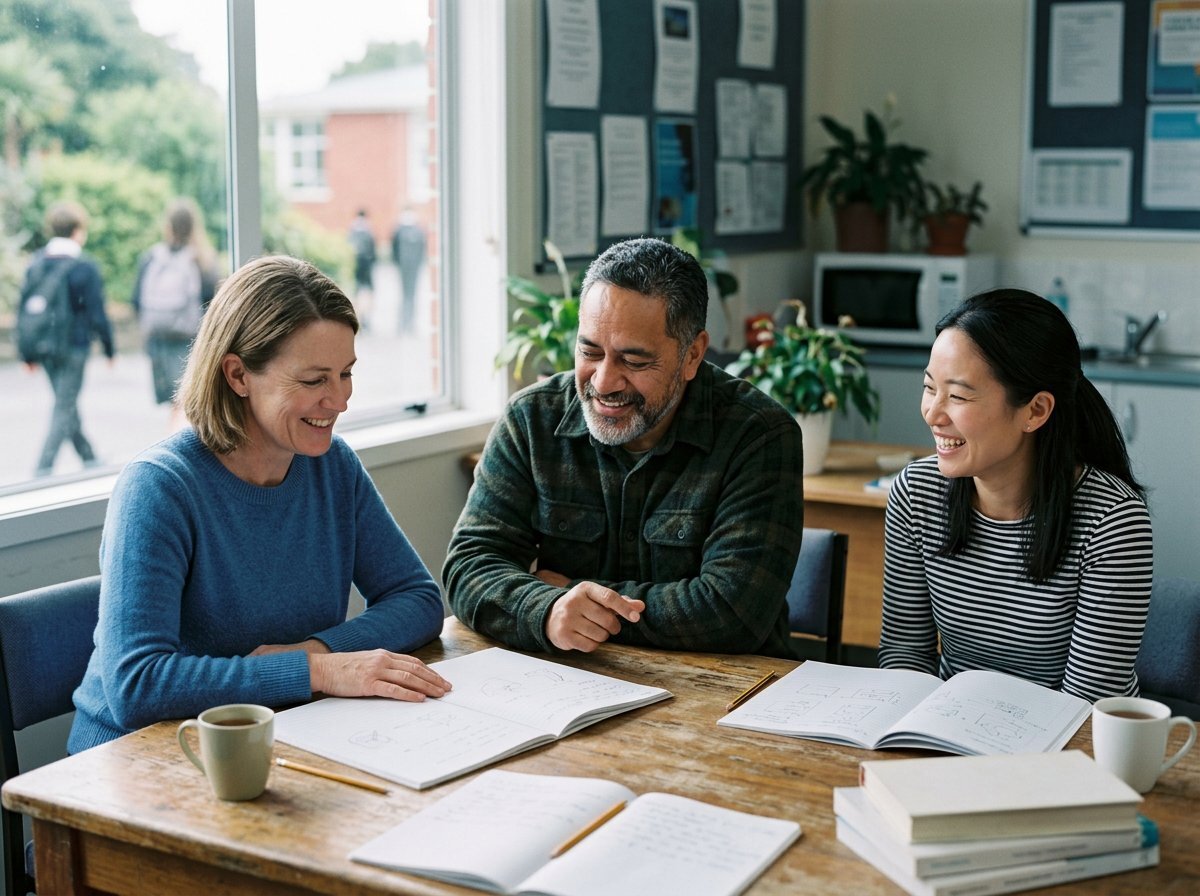 Three teachers talking around a staffroom table