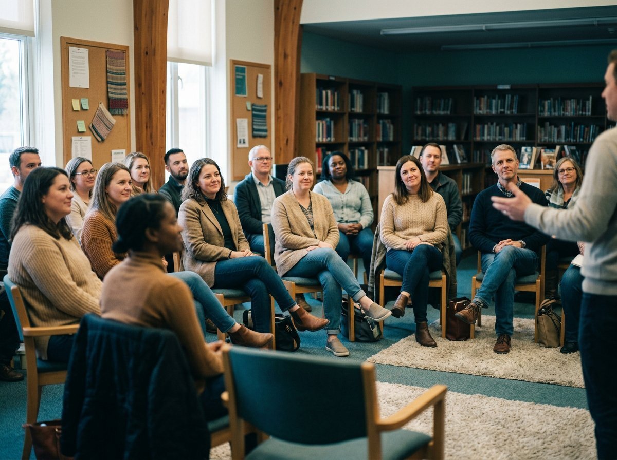 Teachers seated in a semi-circle at a members meeting in a school library