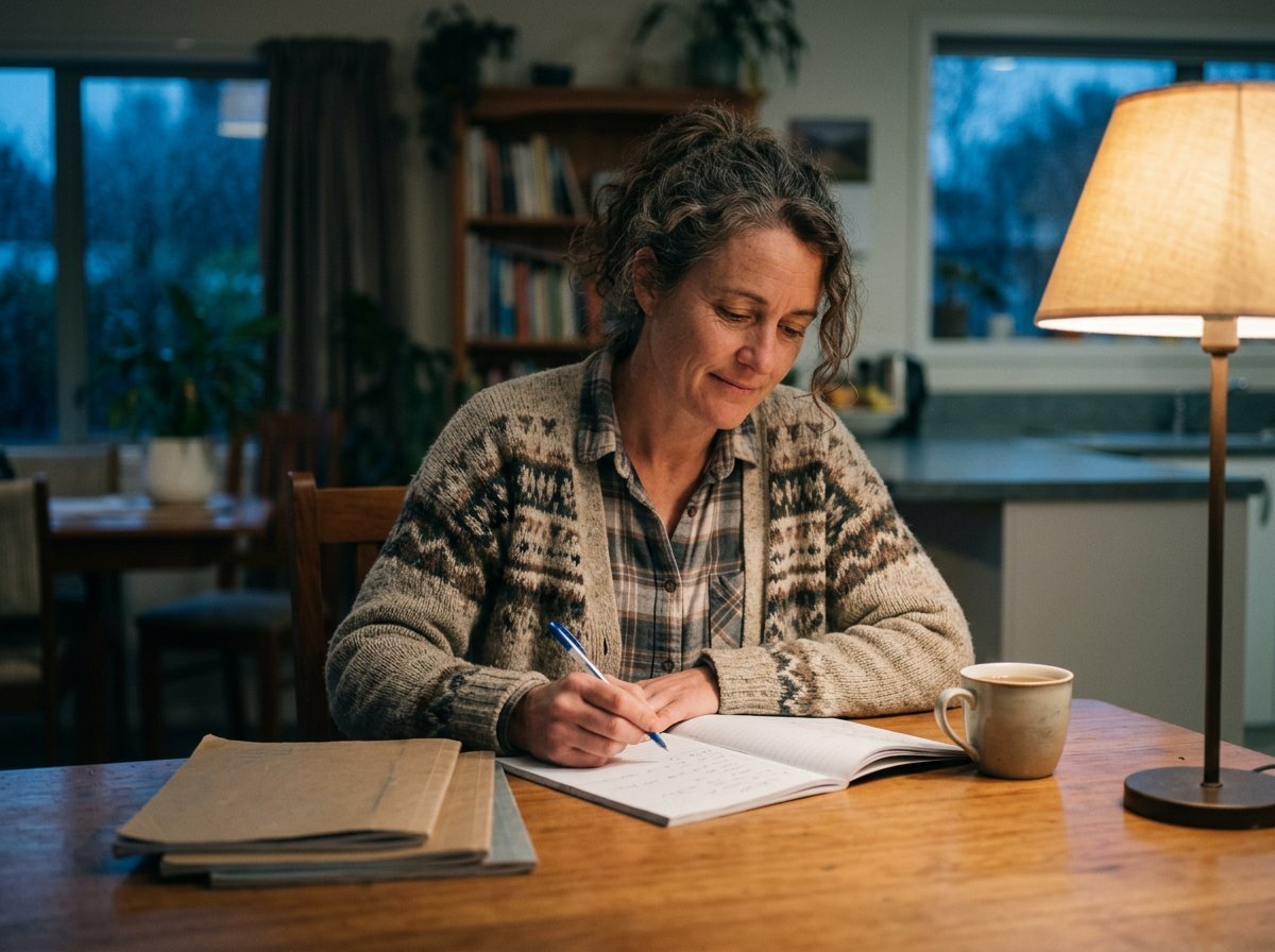 Teacher marking books at a kitchen table in the evening