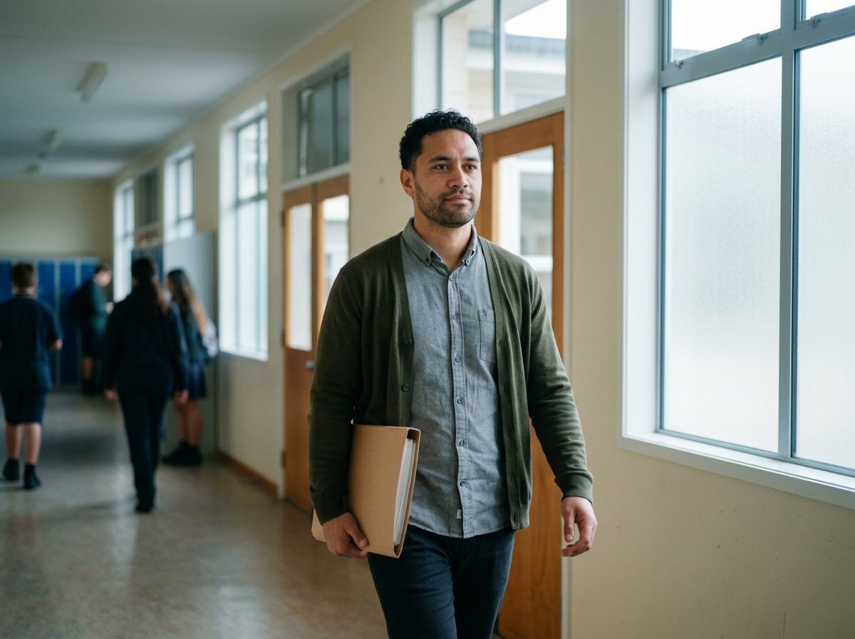 Teacher walking confidently along a school corridor
