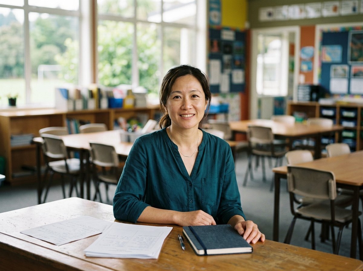 Teacher sitting at a classroom desk with papers and a notebook, smiling calmly