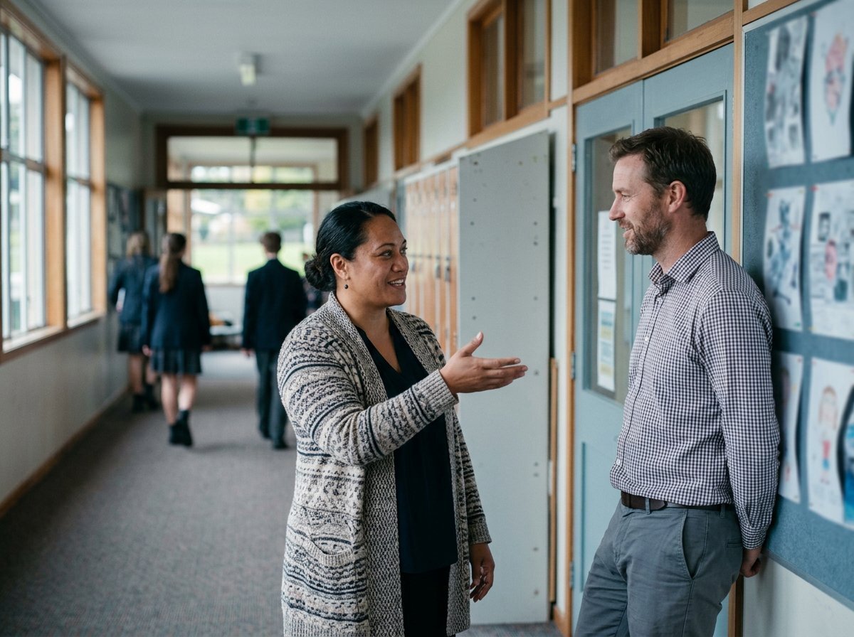 Two teachers talking in a school corridor