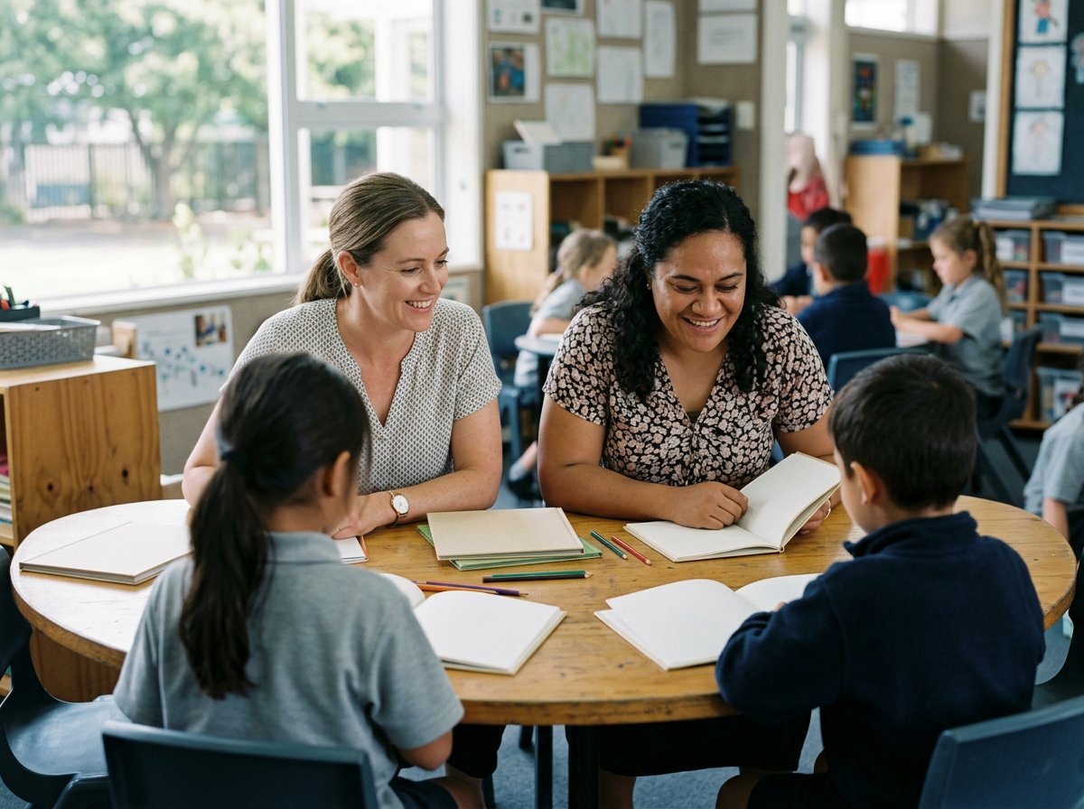 Teacher and teaching assistant reading picture books at a classroom table
