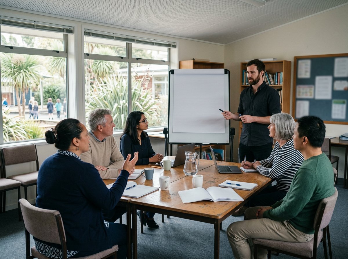 Teachers discussing at a meeting-room table