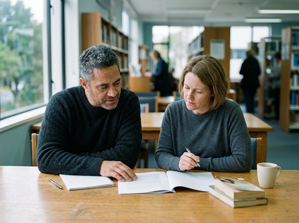 Two teachers reading a document together at a library table
